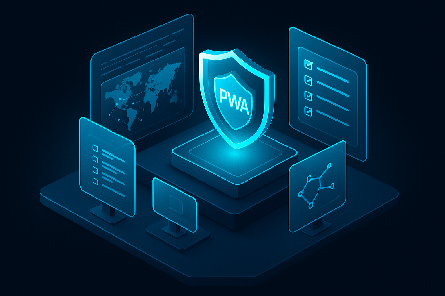 A cinematic 3D isometric security operations center with translucent glass panels, cyan #00D4FF neon edges, dashboards for threat modeling and compliance checklists, and a glowing shield over a PWA icon