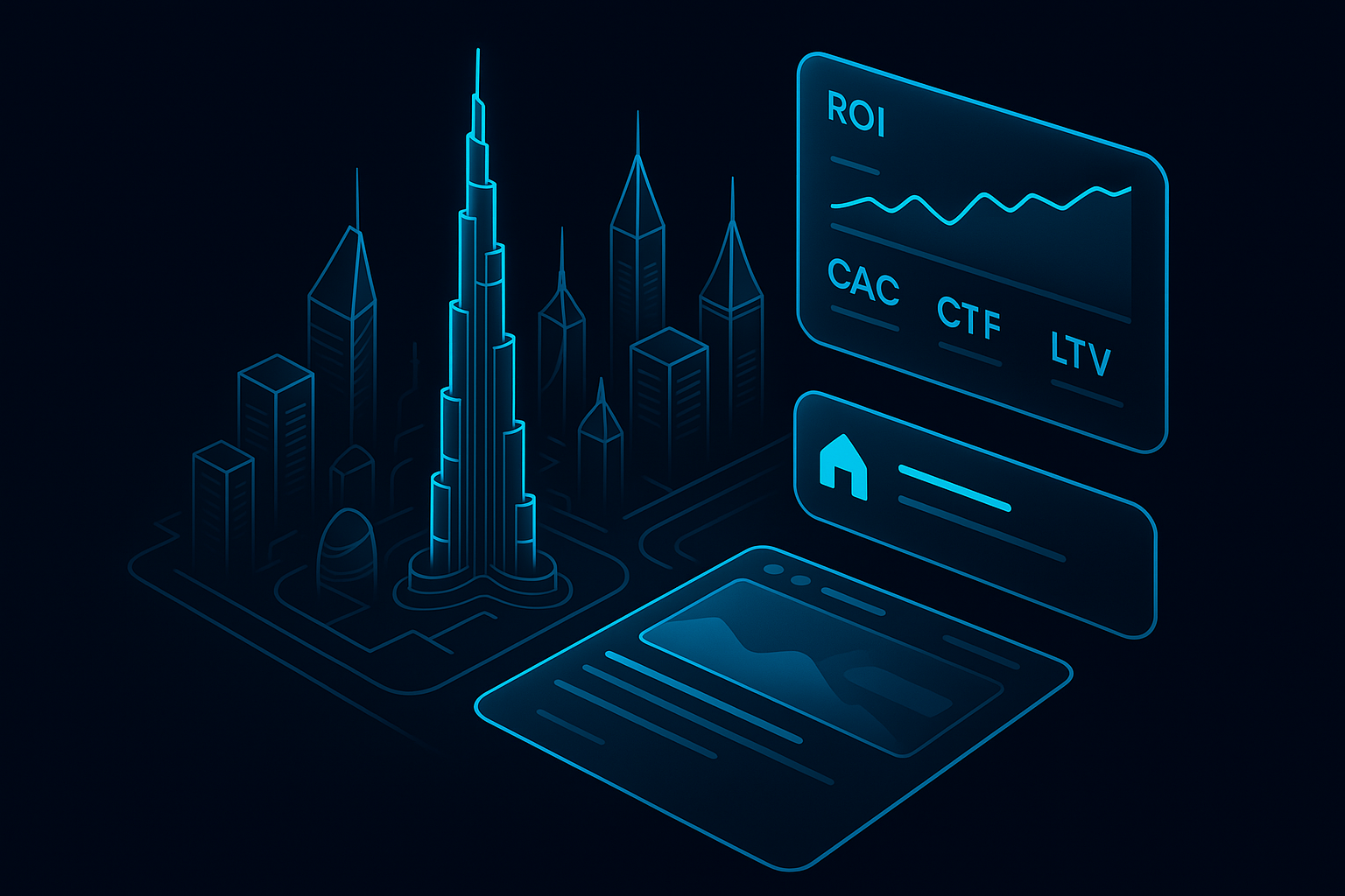 A detailed, futuristic 3D isometric description of a dark mode Dubai skyline with cyan #00D4FF neon edges, a floating glass dashboard showing ROI, CAC, and LTV metrics, and a PWA install prompt hovering over a website card