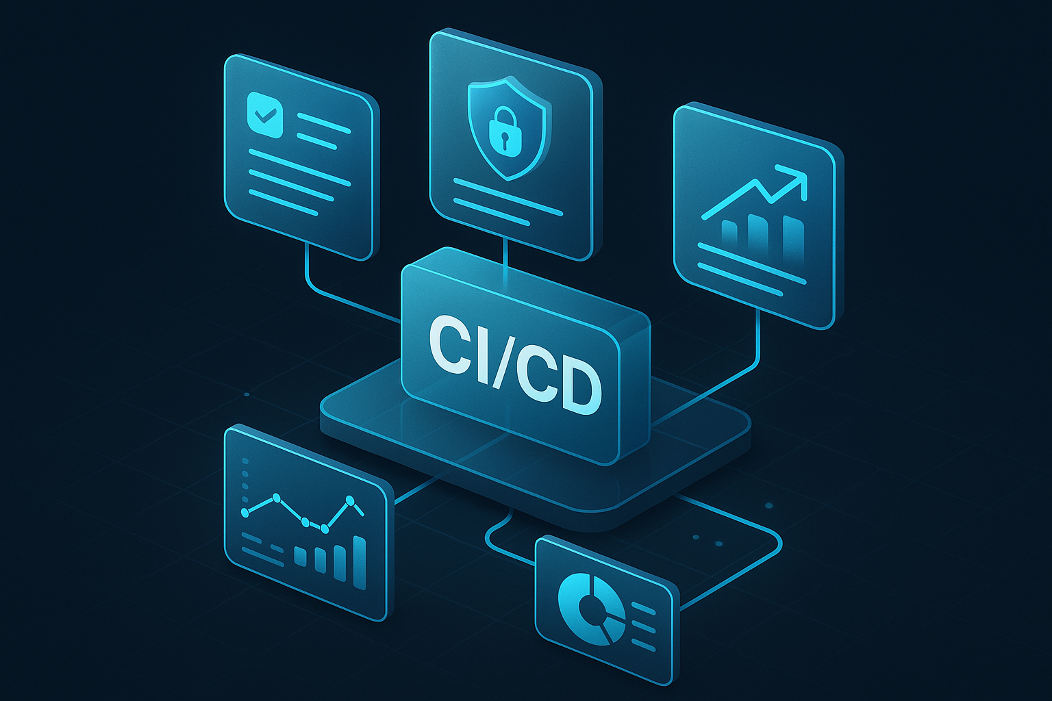 A detailed, futuristic 3D isometric description of a CI and CD pipeline in glassmorphism, with floating cards for testing, security scans, and release channels, cyan #00D4FF accents, connected to analytics dashboards