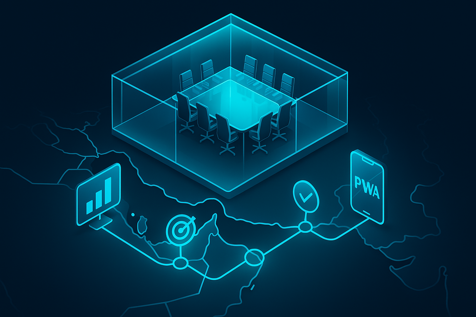 A cinematic 3D isometric boardroom made of glassmorphism panels floating over a stylized map of the Gulf, with a cyan #00D4FF roadmap timeline projecting milestones, KPIs, and PWA icons across devices