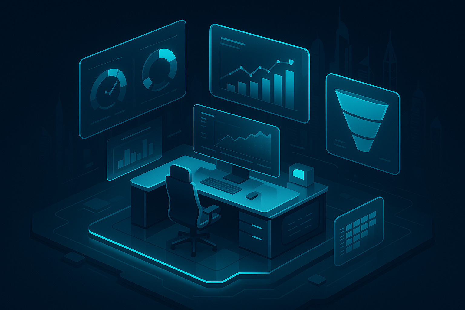 A detailed, futuristic 3D isometric description of an executive analytics command center in dark mode, glass panels showing CAC, LTV, conversion funnels, and cohort charts, with cyan #00D4FF accents and a subtle Dubai Marina silhouette in the background