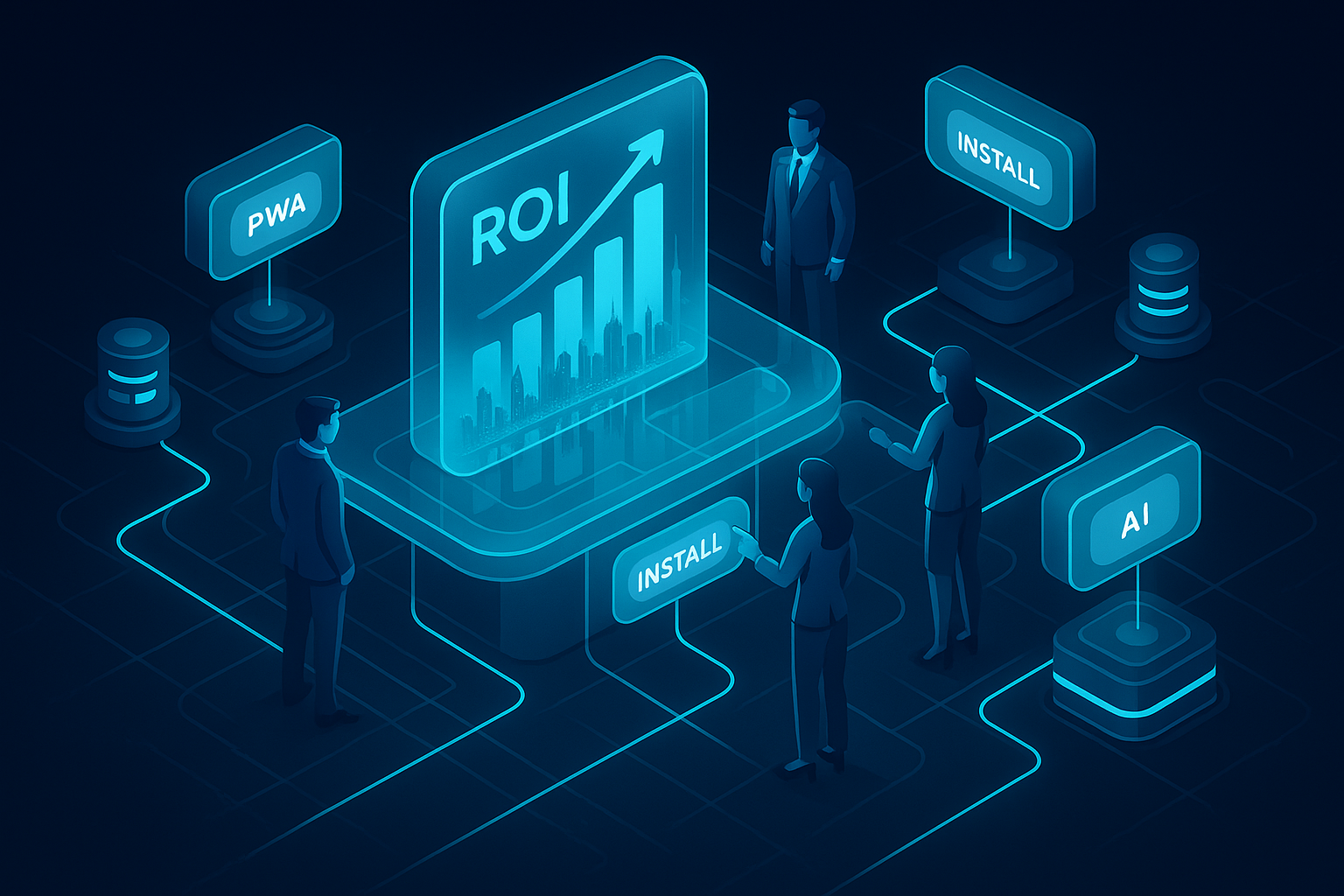 A detailed, futuristic 3D isometric Gulf business war room with holographic ROI charts, Dubai skyline reflections, cyan #00D4FF lines connecting PWA, native, and AI modules, and executives tapping floating install buttons.