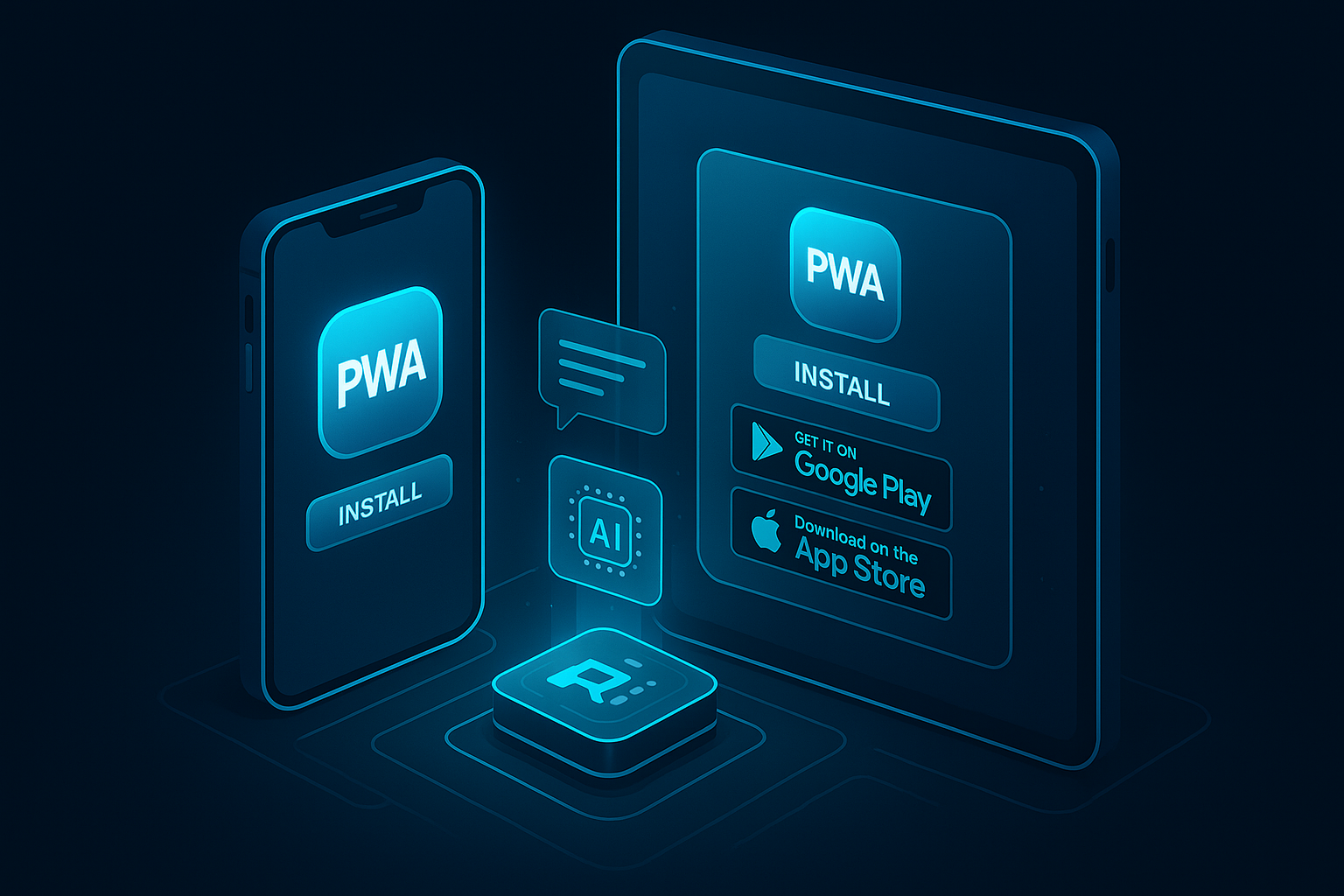 A detailed, futuristic 3D isometric description of a Progressive Web App install screen on phone and tablet with cyan #00D4FF glow, app store badges, glassmorphism UI cards, AI assistant chip animating recommendations