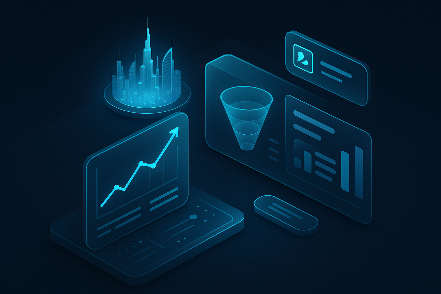 A detailed, futuristic 3D isometric description of a dark mode glassmorphism analytics dashboard with cyan #00D4FF highlights, rising ROI graphs, conversion funnels, and a holographic Dubai skyline in the background, plus a floating PWA install prompt chip.