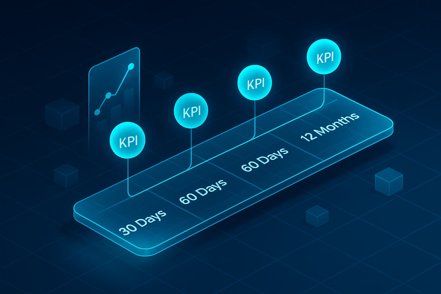 A detailed, futuristic 3D isometric description of a phased roadmap timeline floating above a glass runway, milestones labeled 30 60 90 days and 12 months, with KPI orbs glowing in cyan #00D4FF