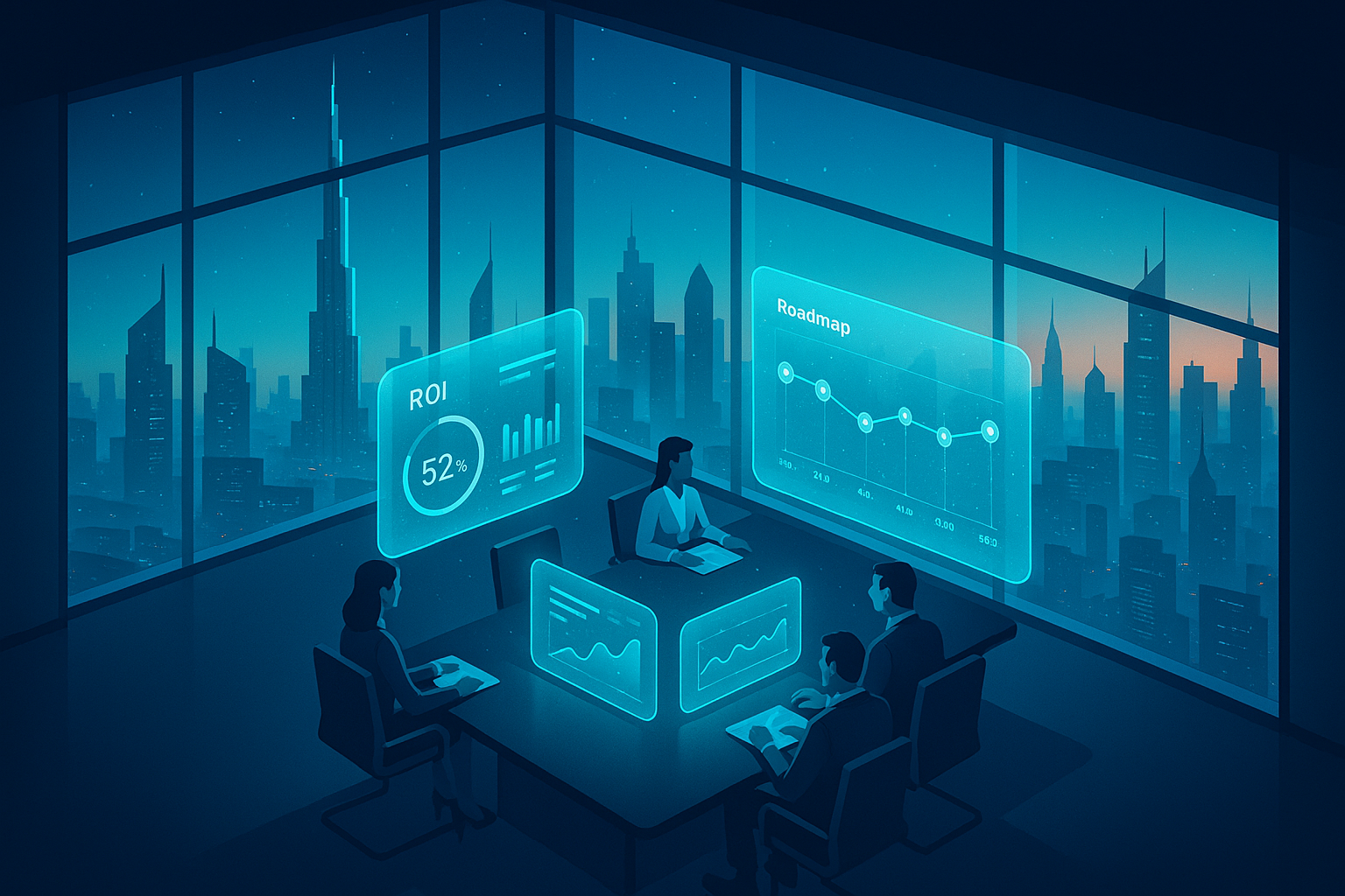 A detailed, futuristic 3D isometric view of a Dubai executive boardroom at sunrise, glass walls overlooking the skyline, cyan holographic dashboards floating above a matte black table, executives reviewing ROI metrics and a roadmap timeline, glassmorphism UI panels with subtle particle glow