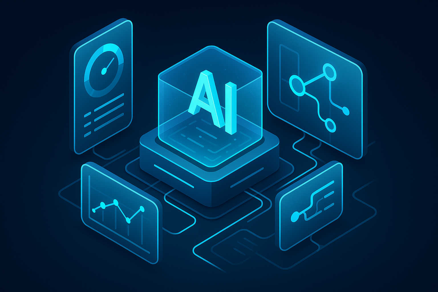 A detailed, futuristic 3D isometric description of an AI control room with glassmorphism dashboards showing ROI dials, cost per query charts, and data lineage paths glowing in cyan