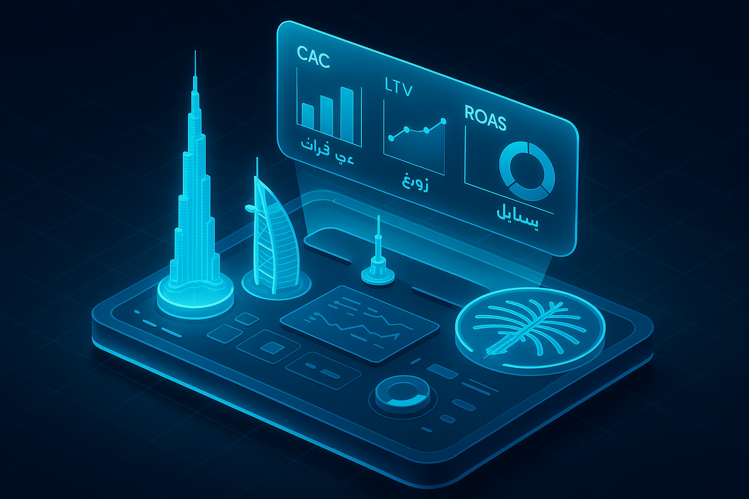 A detailed, futuristic 3D isometric description of a command center dashboard in glassmorphism, with bilingual Arabic and English charts for CAC, LTV, ROAS, and Install Rate, cyan holograms over a dark grid, miniature Dubai landmarks integrated into the interface