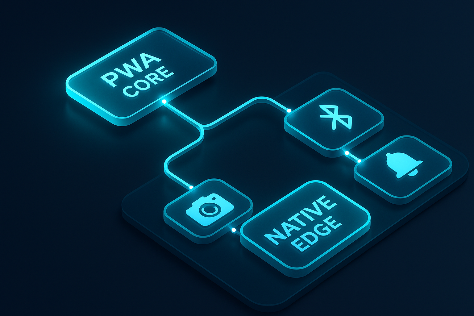 A detailed, futuristic 3D isometric flowchart splitting into two translucent paths labeled PWA Core and Native Edge, with glowing connectors for camera, Bluetooth, and push, rendered in cyan #00D4FF on a dark glass surface
