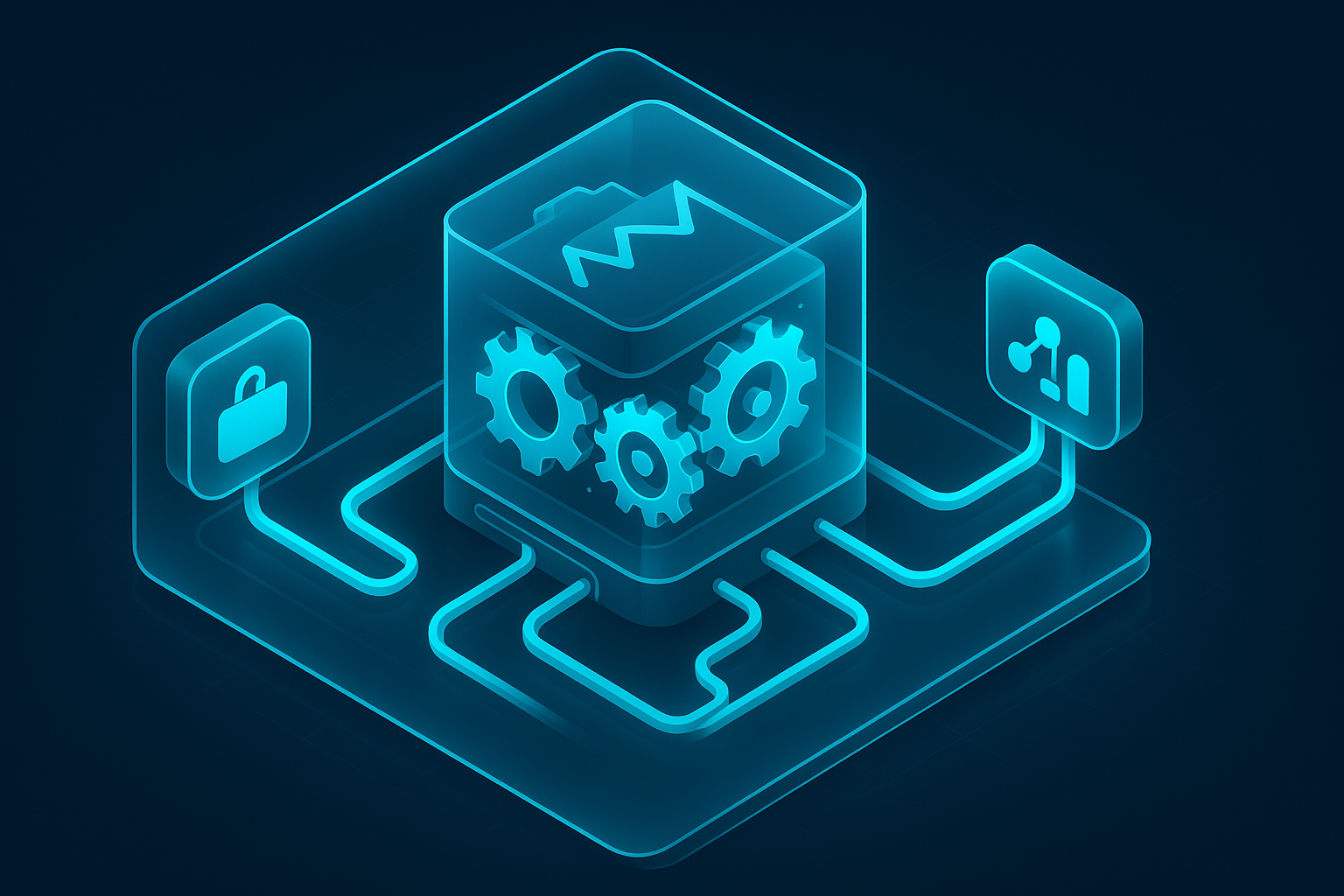 A detailed, futuristic 3D isometric cutaway of a PWA engine, with service workers as glowing gears, app store icons docked to the sides, blue cyan pipelines moving data between ERP, CRM, and analytics, all within a glassmorphism frame