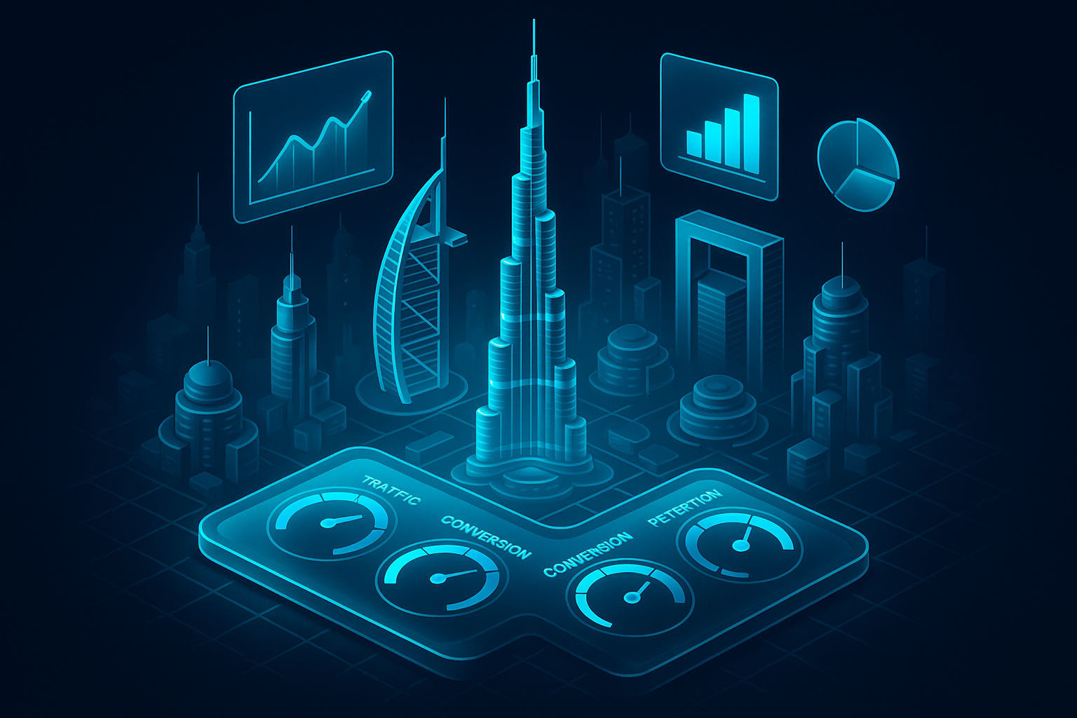 A detailed, futuristic 3D isometric description of the Dubai skyline at dusk, with cyan holographic graphs hovering above iconic towers, a glassmorphism control panel in the foreground displaying KPI dials for traffic, conversion, and retention, all rendered with glossy reflections and subtle neon lighting