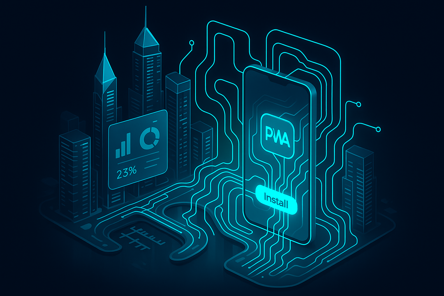 A detailed, futuristic 3D isometric illustration of Dubai Marina at night with cyan #00D4FF neon circuitry weaving through skyscrapers into a translucent phone showing an install button for a PWA, glassmorphism panels floating with conversion metrics.