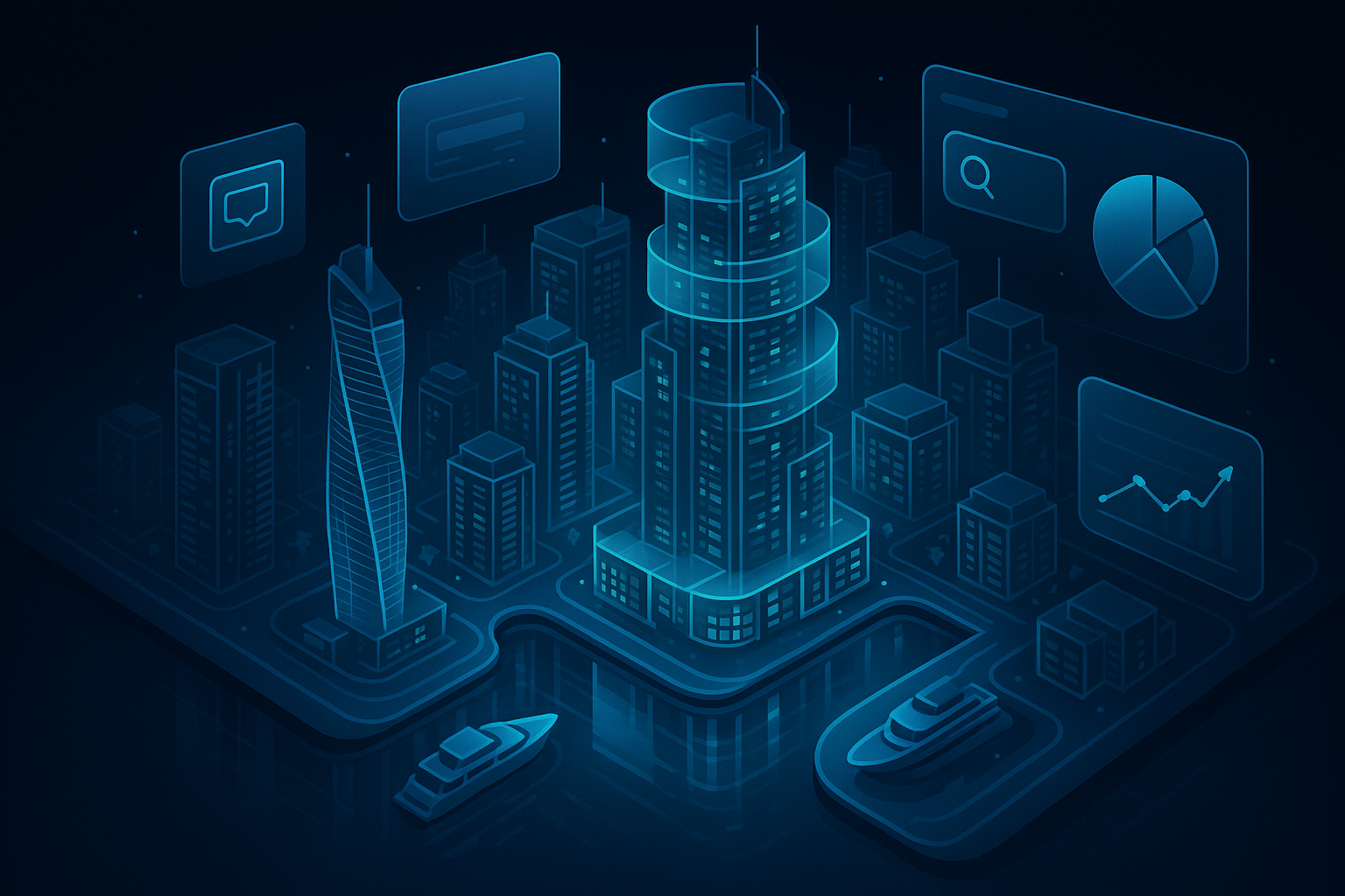 A detailed, futuristic 3D isometric description of Dubai Marina at dawn with cyan holographic budget layers hovering above buildings, app icons and ROI charts floating, glassmorphism UI panels reflecting water, premium dark mode palette