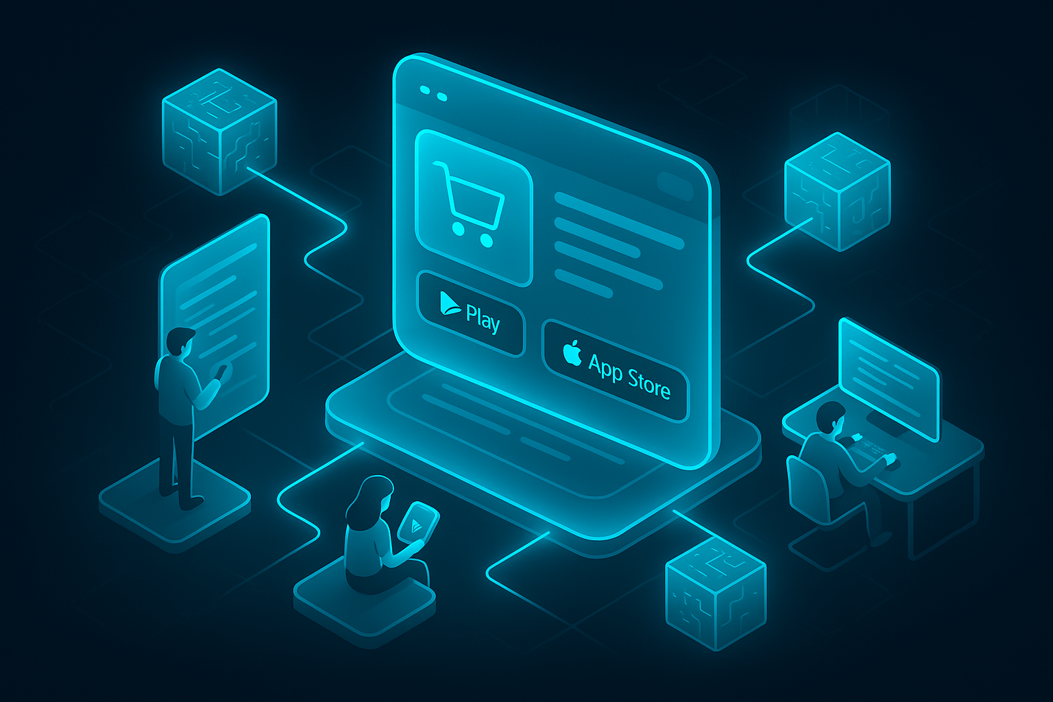 A detailed, futuristic 3D isometric description of a Progressive Web App storefront glowing in cyan, with install buttons for Google Play and App Store, microservices cubes connected by neon data links, and users interacting across phone, tablet, and desktop