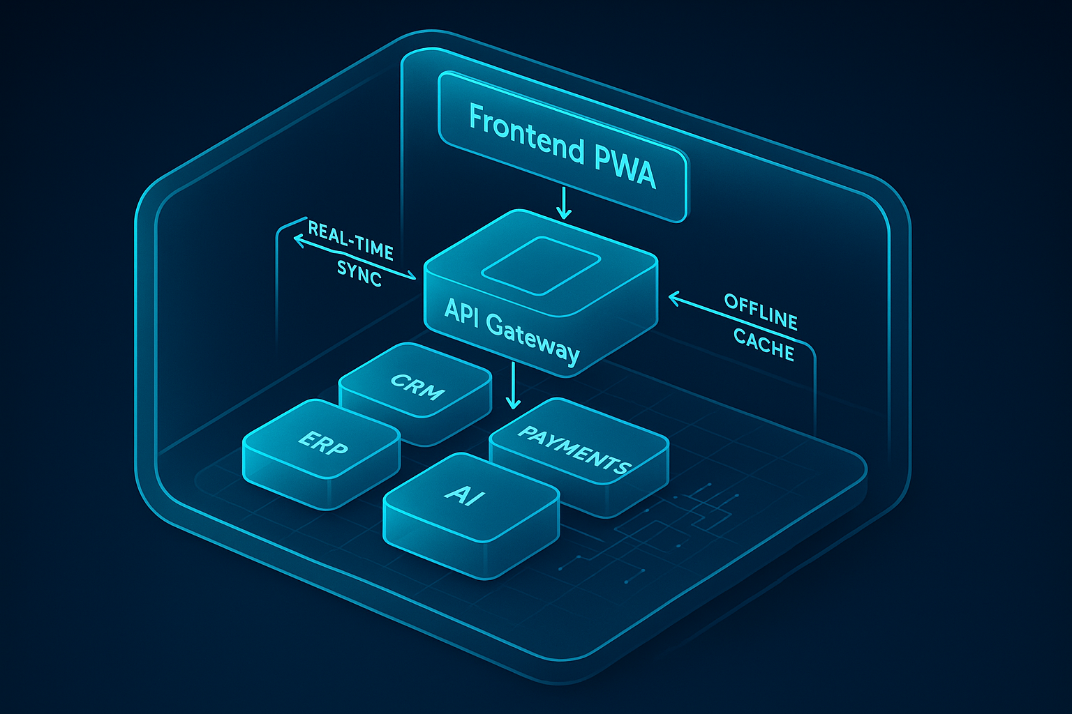 A detailed, futuristic 3D isometric diagram of a PWA architecture, cyan edged tiles for Frontend PWA, API Gateway, Micro Services, CRM, ERP, Payments, and AI layer, with arrows showing real time sync and offline cache, all inside a glassmorphism frame