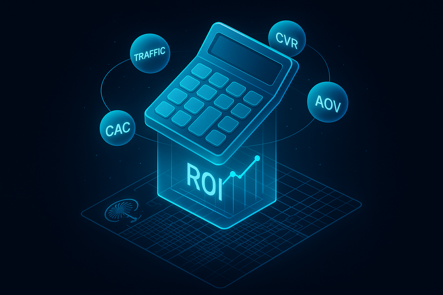 A detailed, futuristic 3D isometric description of a glass calculator hovering above a neon ROI graph, tokens labeled traffic, CVR, AOV, CAC orbiting in cyan #00D4FF, with a Dubai map grid beneath