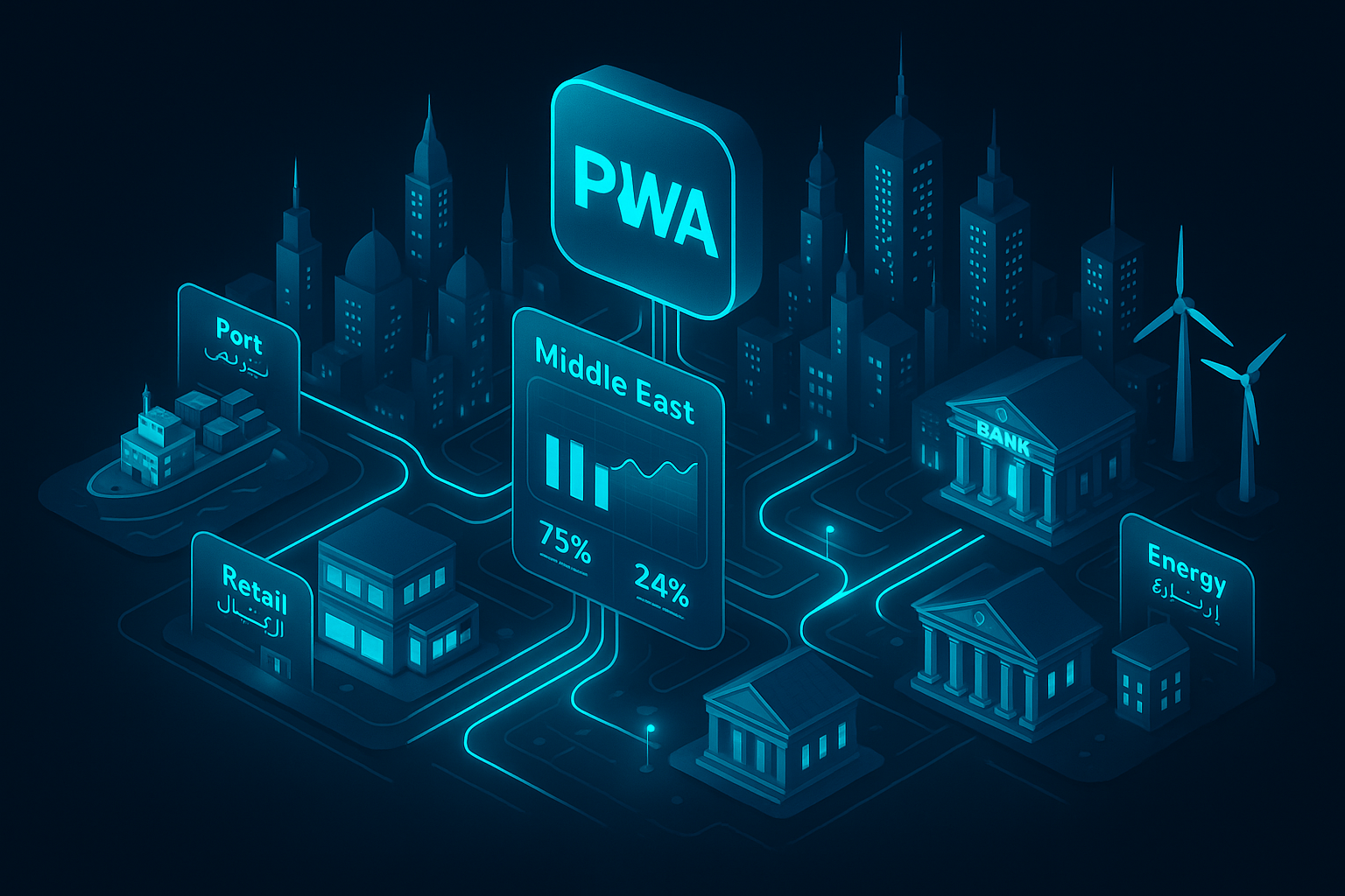 A detailed, futuristic 3D isometric description of a Middle East smart city at night, with neon cyan #00D4FF data streams linking ports, retail hubs, banks, and energy sites, a PWA icon hovering above, glassmorphism panels with KPIs and Arabic and English labels