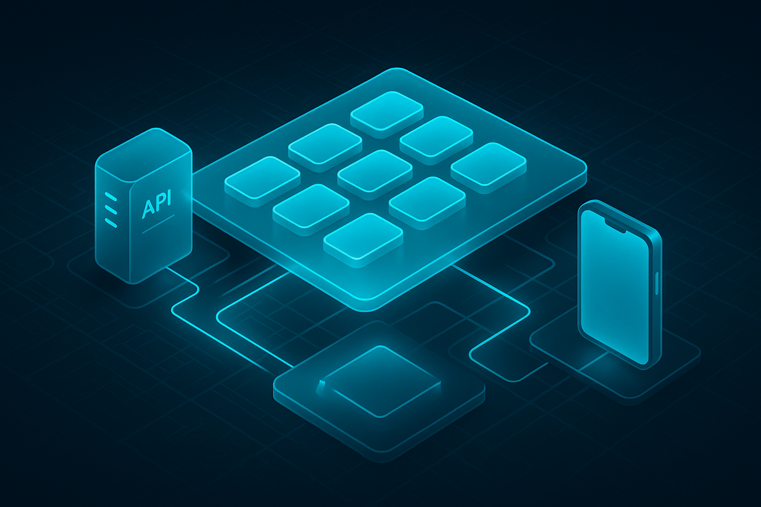 A detailed, futuristic 3D isometric description of a modular enterprise architecture board with glowing cyan #00D4FF microservices tiles, API gateways, and a PWA app shell, set over a dark Abu Dhabi city grid in glassmorphism style