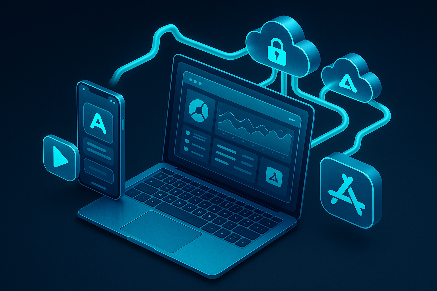 A detailed, futuristic 3D isometric description of a smartphone and laptop running a glassmorphism PWA operations dashboard, app store install icons floating beside them, and cyan API pipelines streaming data from secure clouds into the interface.