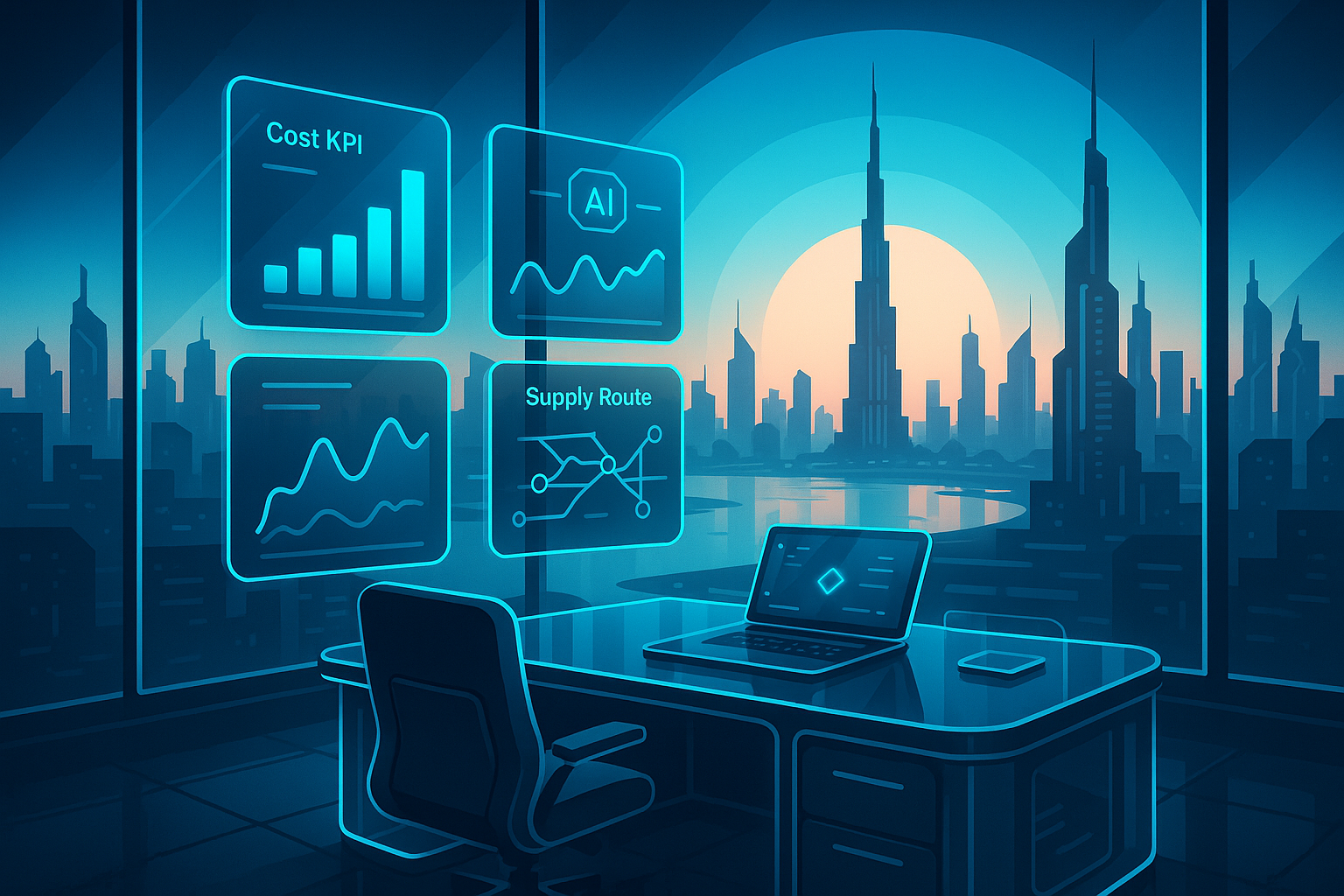 A detailed, futuristic 3D isometric scene of a CEO desk at sunrise overlooking the Dubai skyline, holographic glass panels display live cost KPIs, AI insights, and supply routes, cyan #00D4FF accents glow on a premium dark interface in glassmorphism style