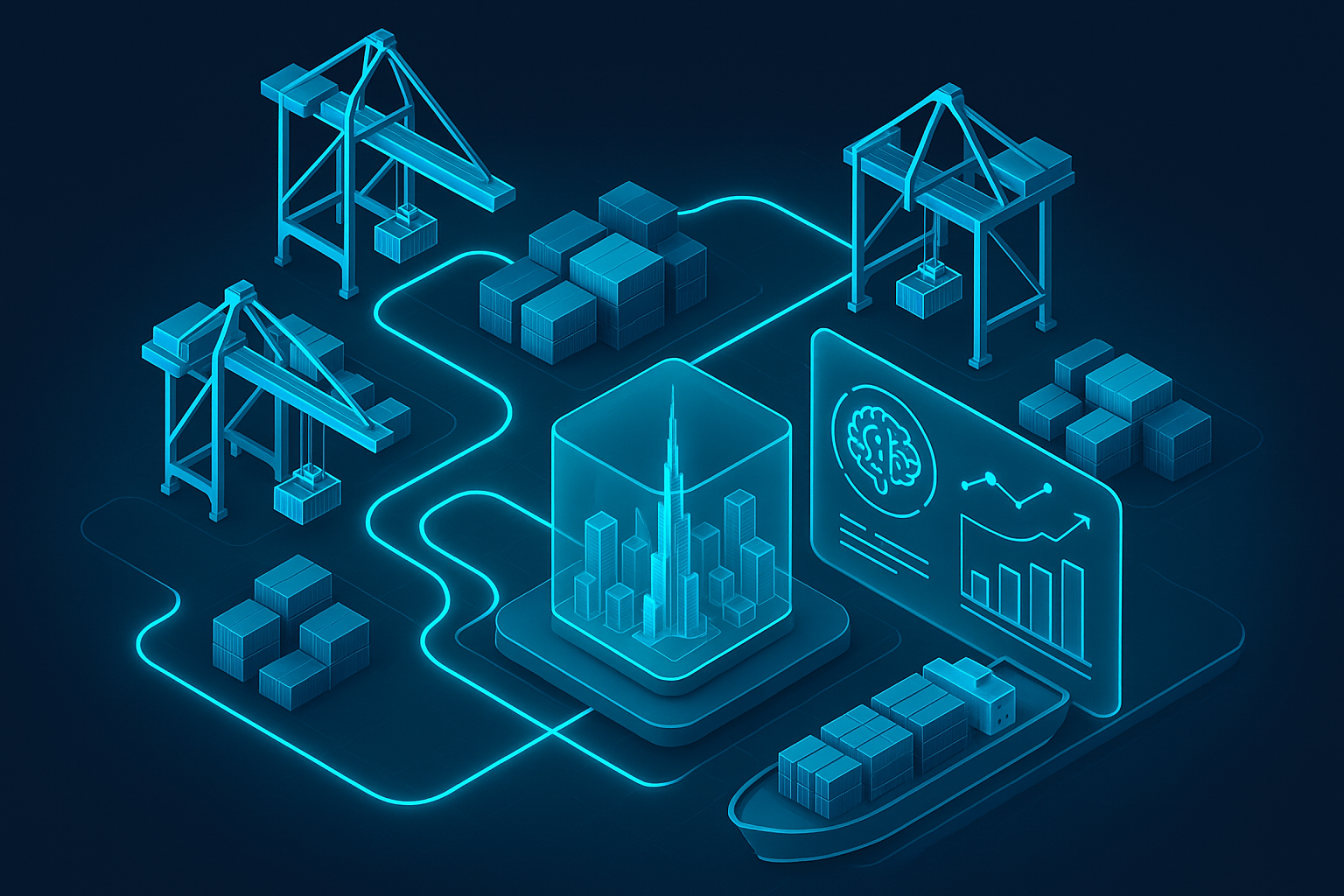A detailed, futuristic 3D isometric description of a Dubai smart port with autonomous cranes, glowing cyan routing lines, and holographic AI dashboards predicting container flows in a glassmorphism control hub