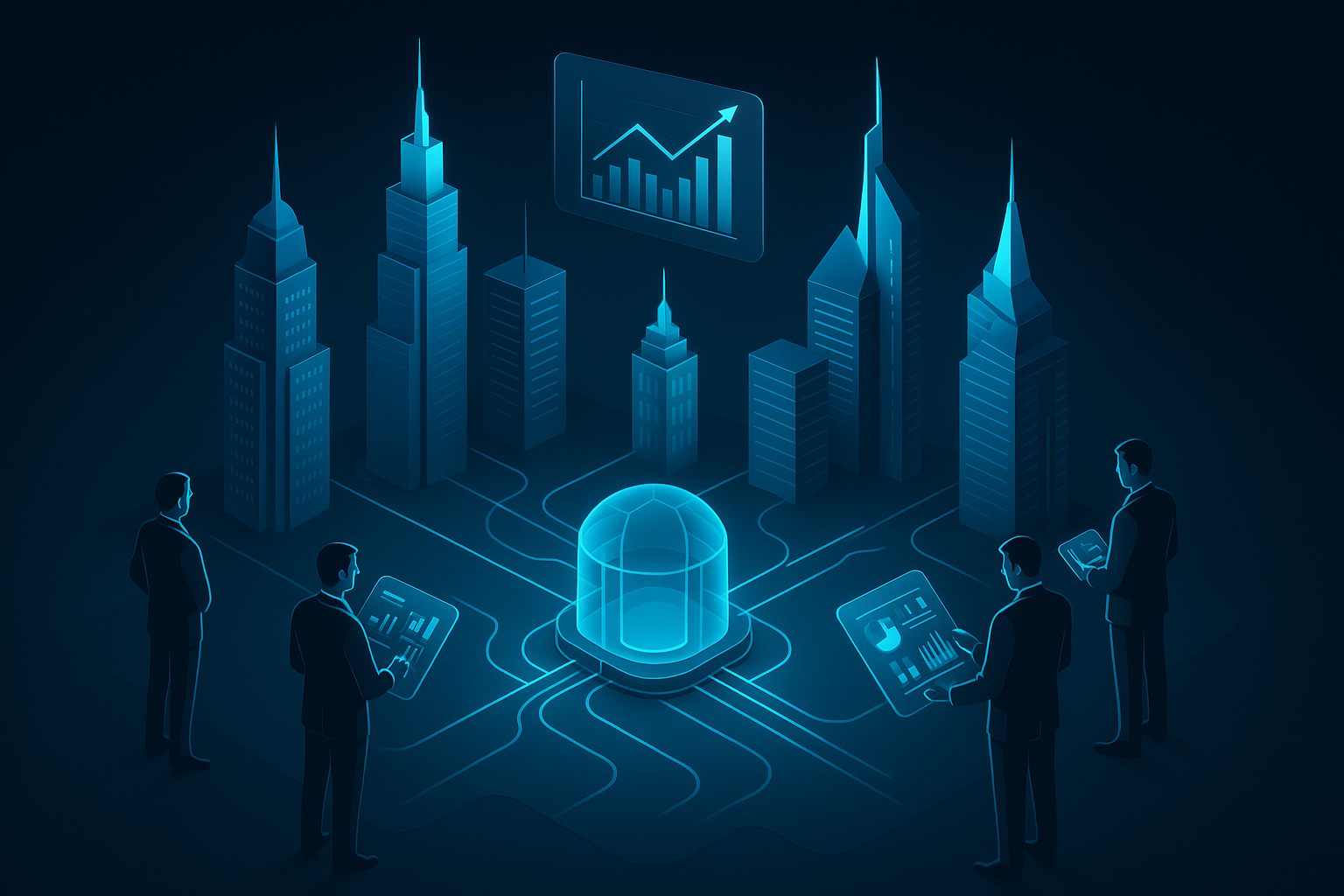 A detailed, futuristic 3D isometric description of a cyan lit Middle East skyline at dawn, data streams linking towers to a central glassy control hub, holographic ROI graphs hovering above, executives viewing dashboards on translucent tablets, all in dark mode glassmorphism style