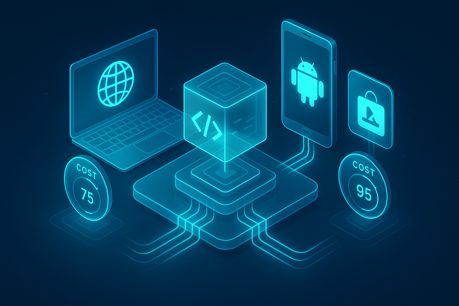 A detailed, futuristic 3D isometric view of a single PWA codebase branching into web, Android, and iOS devices on a glass platform; cyan data streams flow to app store icons; cost meters visibly ticking down in neon holograms.