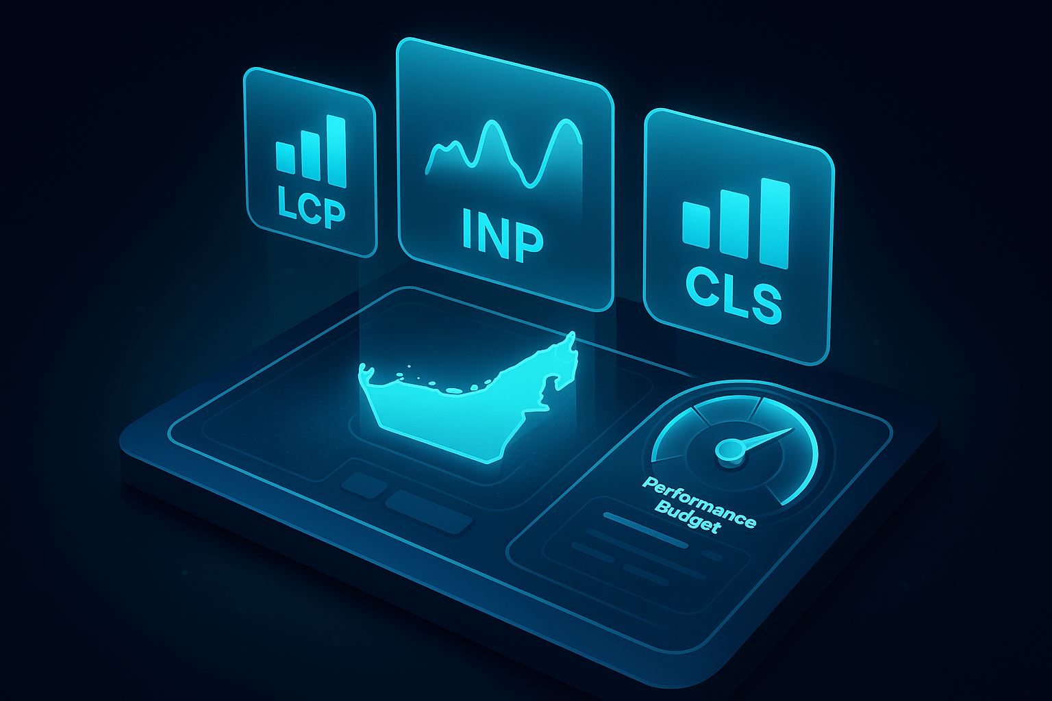 An isometric analytics command center in dark mode, with three holographic panels showing LCP, INP, and CLS in cyan #00D4FF, a miniature map of the UAE glowing, and a glassmorphism control dial labeled “Performance Budget”.