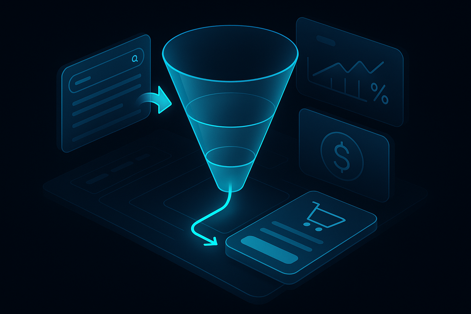 A detailed, futuristic 3D isometric cutaway of a PWA funnel, with glowing cyan #00D4FF arrows guiding users from search results into a sleek checkout, panels showing metrics like conversion rate and lifetime value, set against a dark glassmorphism dashboard