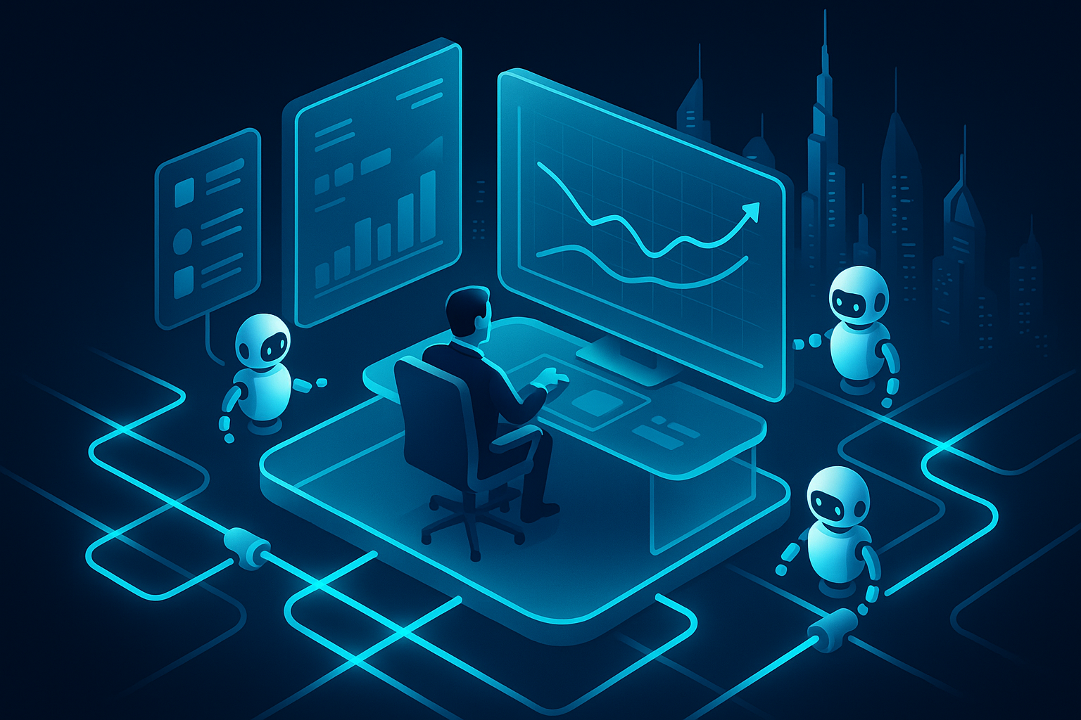 A detailed, futuristic 3D isometric view of a CEO control room with glassmorphism panels, cyan #00D4FF highlights, and a dark mode Dubai skyline. Holographic charts show cost per order dropping while ROI arcs upward. AI robots route tasks across glowing pipelines.
