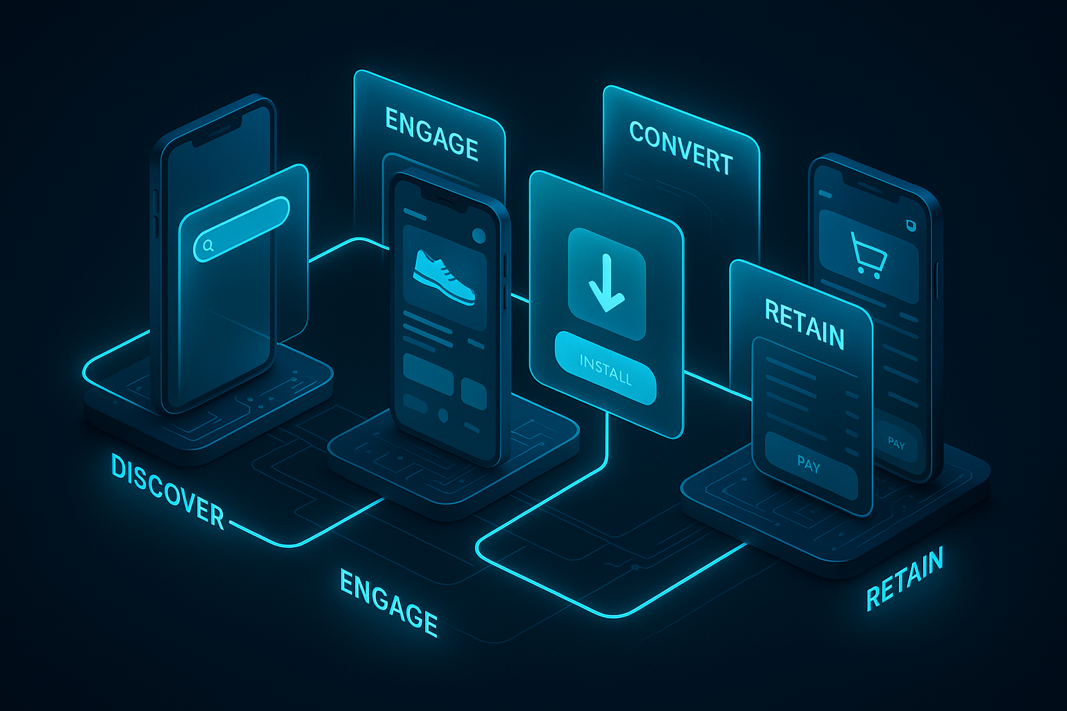 A detailed, futuristic 3D isometric workflow of a PWA commerce journey, from search to install to checkout, with glowing cyan #00D4FF lines connecting glassmorphism panels labeled Discover, Engage, Convert, Retain