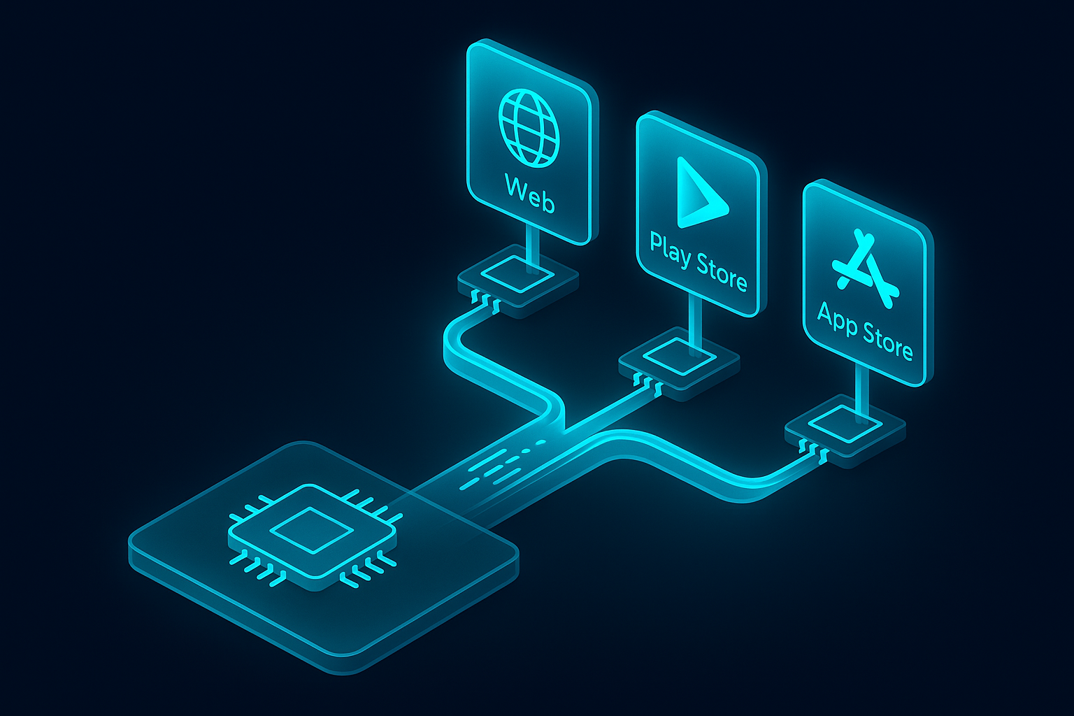 A 3D isometric scene of a single code pipeline branching into three holographic screens labeled Web, Play Store, App Store, with glowing cyan #00D4FF connectors and microchips under a glass platform representing reduced maintenance cost.