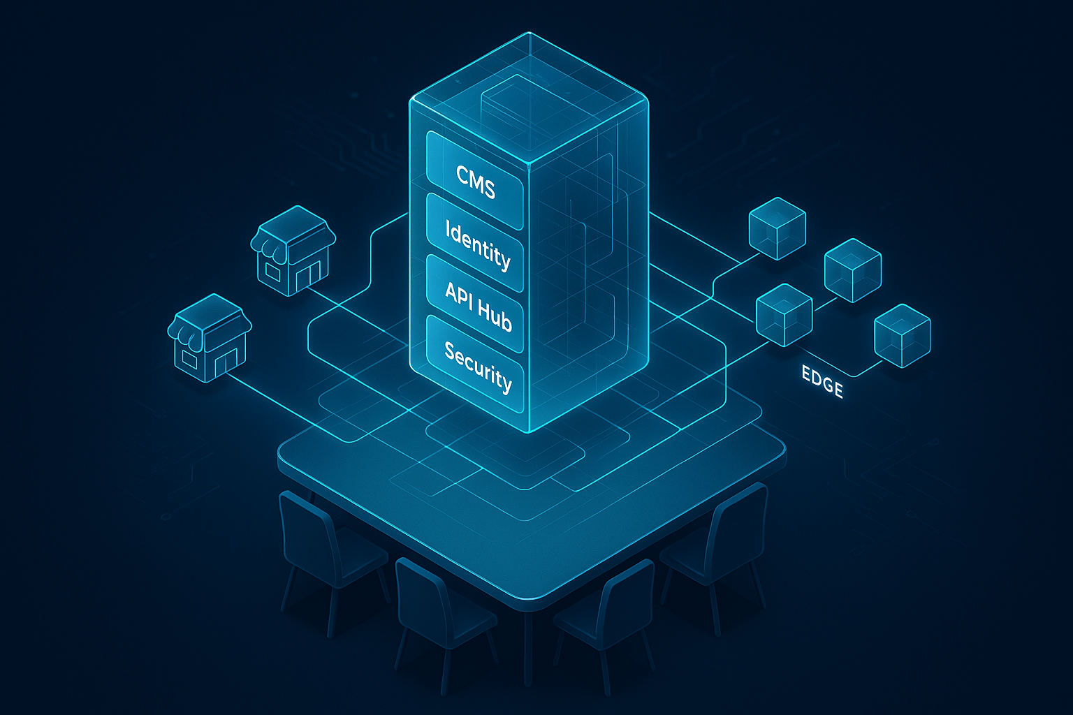 A detailed, futuristic 3D isometric description of a PWA architecture blueprint hovering above a conference table, with modules for CMS, identity, API hub, and security, connected to store icons and edge nodes, illuminated in cyan #00D4FF accents