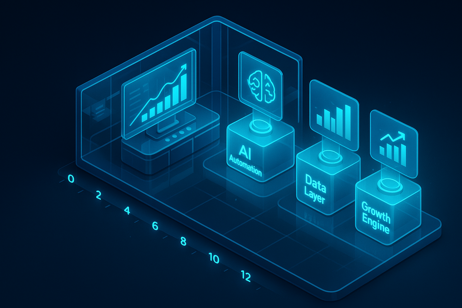 A detailed, futuristic 3D isometric description of a glass control room timeline labeled 0 to 12 months, with glowing milestone tiles for PWA Launch, AI Automation, Data Layer, and Growth Engine, all lit in cyan #00D4FF with holographic charts