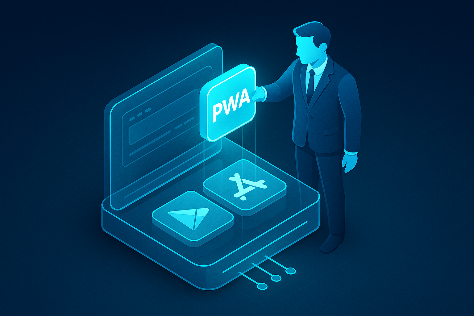 A detailed, futuristic 3D isometric description of a CEO hand placing a glowing PWA tile into a glass dashboard, with Google Play and App Store icons reflected in cyan #00D4FF light