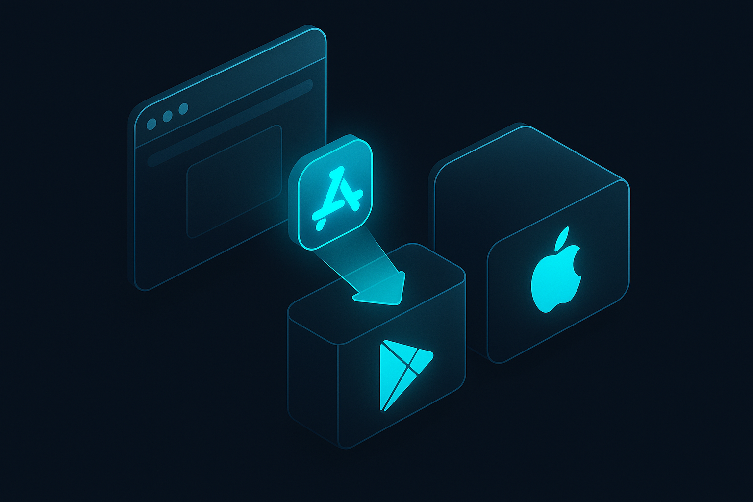A futuristic PWA install flow in 3D isometric style, showing an app icon with cyan glow sliding from a browser window into both a Google Play card and an Apple App Store card, all in dark mode glass panels