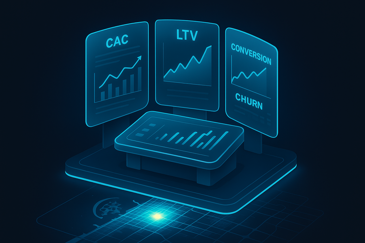 A futuristic 3D isometric analytics command center with translucent glass panels showing KPIs like CAC, LTV, Conversion, and Churn, neon cyan #00D4FF graphs rising, and a Dubai map heat layer glowing under the console.