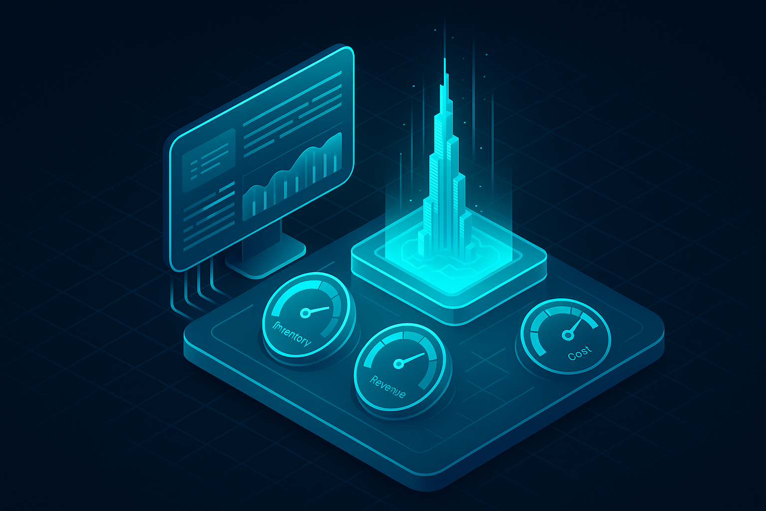 A detailed, futuristic 3D isometric description of a glassmorphism command center with cyan data streams, a Dubai skyline hologram, and ROI gauges showing cost, revenue, and inventory dials, all floating above a dark mode grid