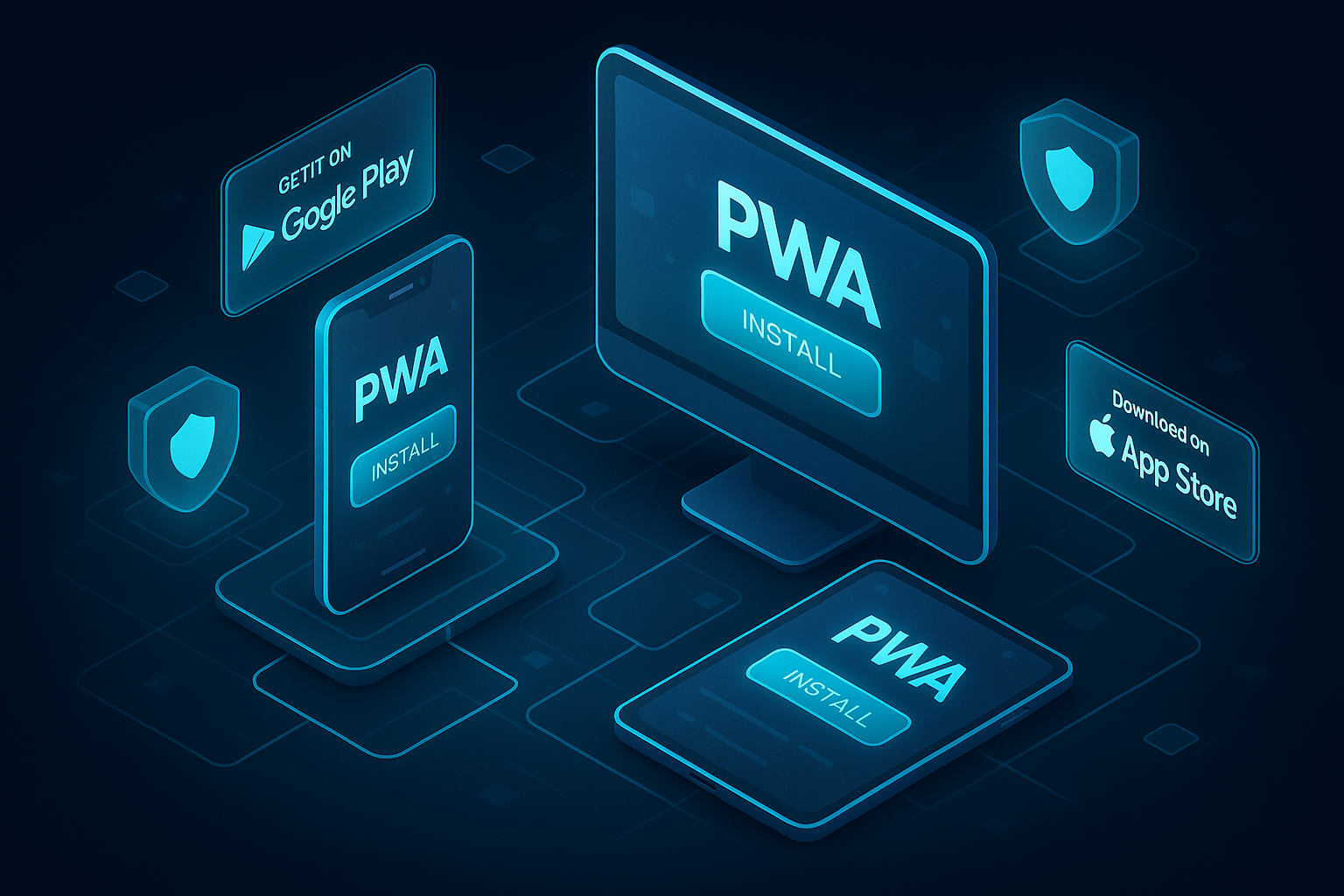 A detailed, futuristic 3D isometric scene of multiple devices phone, tablet, desktop with a single PWA interface, glowing cyan install prompts, Google Play and Apple App Store badges hovering in glassmorphism frames, and service workers visualized as shielded nodes