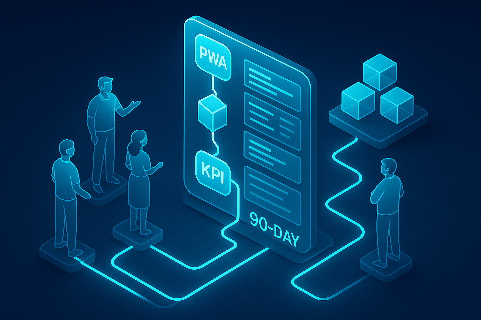 A detailed, futuristic 3D isometric scene of cross functional teams reviewing a glassmorphism roadmap board with cyan #00D4FF highlights. PWA icons, model blocks, and KPI chips connect along glowing tracks showing a 90 day rollout.