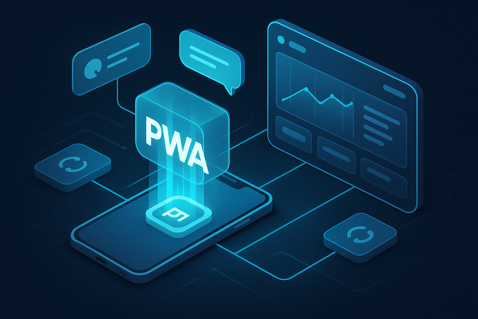 A detailed, futuristic 3D isometric description of a glowing PWA icon installing onto a sleek smartphone and tablet, with cyan neon rays connecting to an enterprise dashboard, chat assistant bubbles, and offline sync chips