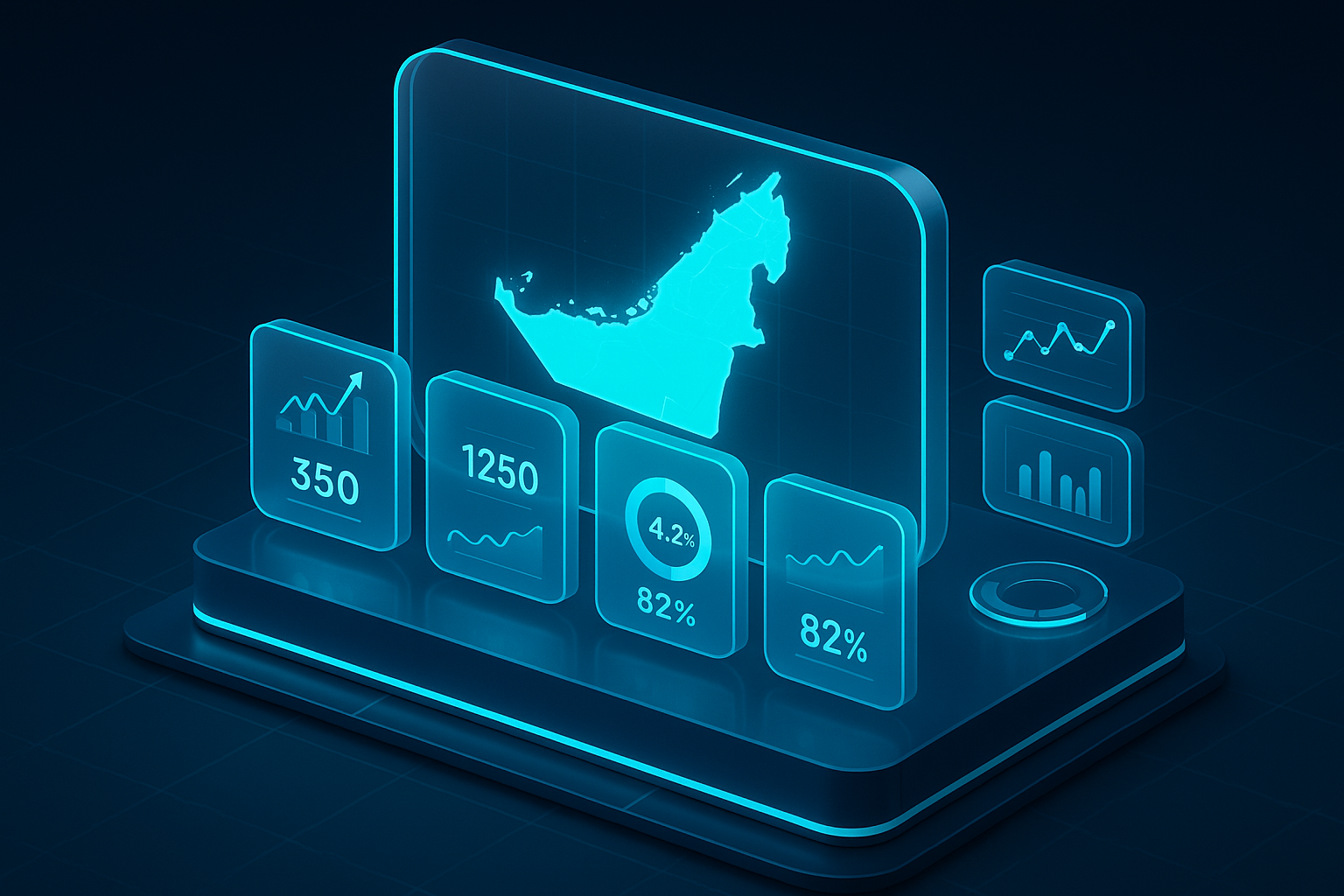 A detailed, futuristic 3D isometric analytics command center showing a glass dashboard of KPI cards for CAC, LTV, Conversion, and Retention, with a map of Dubai glowing in cyan #00D4FF and glassmorphism widgets