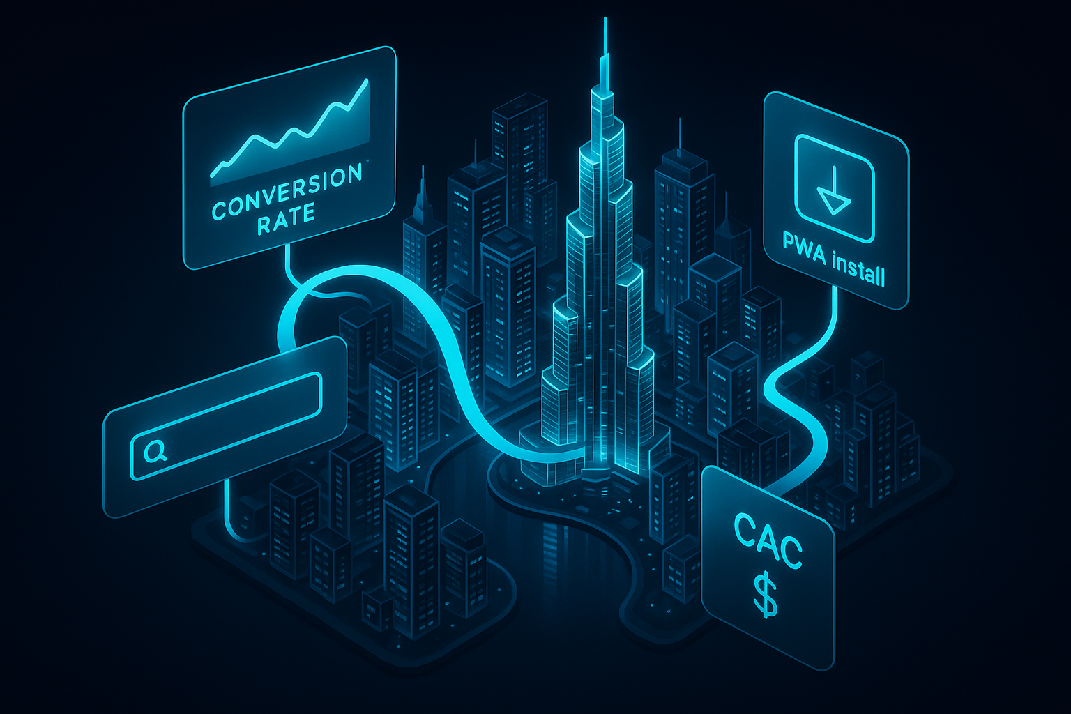 A detailed, futuristic 3D isometric description of a glass city inspired by Dubai Marina at night, with cyan #00D4FF light ribbons showing user flow from search to PWA install, translucent panels floating with KPIs like conversion rate and CAC, all in dark mode glassmorphism style
