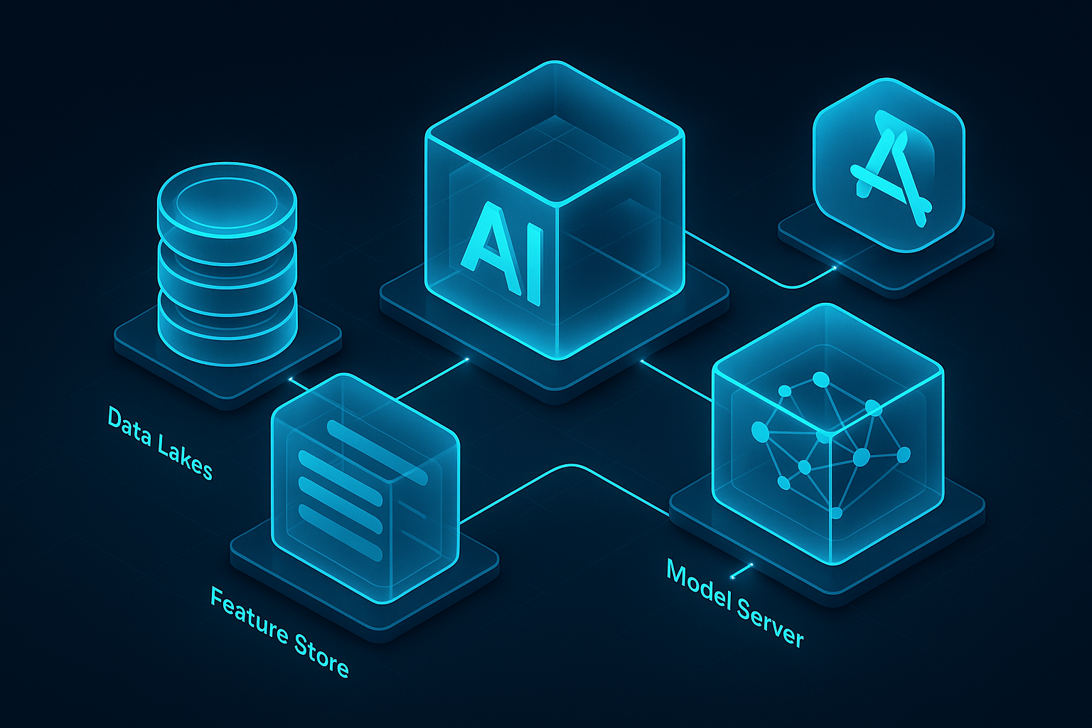 A detailed, futuristic 3D isometric flow of an AI pipeline feeding a PWA, with data lakes, feature stores, model servers, and a mobile app icon, all glowing cyan #00D4FF in glassmorphism panels