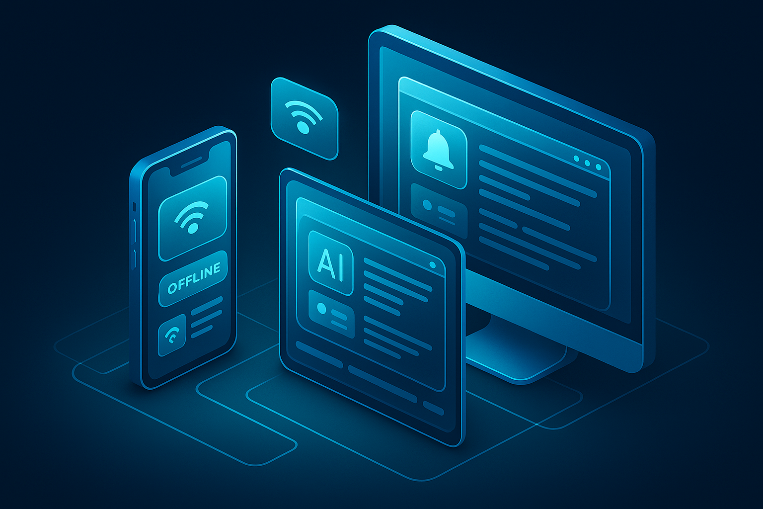 A detailed, futuristic 3D isometric description of a multi device PWA ecosystem, showing a phone, tablet, and desktop with cyan #00D4FF highlights, push notifications, offline badges, and AI recommendation cards in a glassmorphism interface