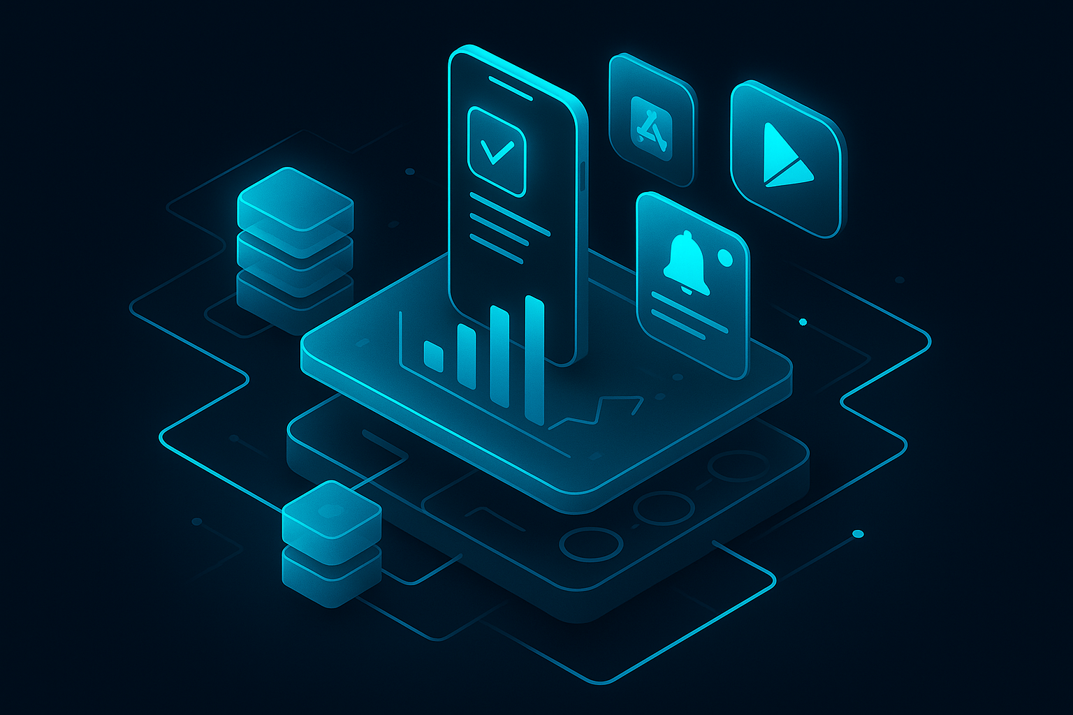 A detailed, futuristic 3D isometric cutaway of a Progressive Web App stack, service workers caching content, push notification channels, app store icons hovering, cyan #00D4FF highlights, glass cards showing analytics flow