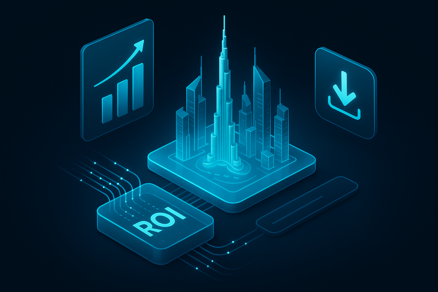A detailed, futuristic 3D isometric dashboard scene showing a holographic Dubai skyline, cyan #00D4FF data streams flowing into a glassmorphic ROI console, KPIs rising on translucent panels, and a PWA install icon glowing on a premium dark background