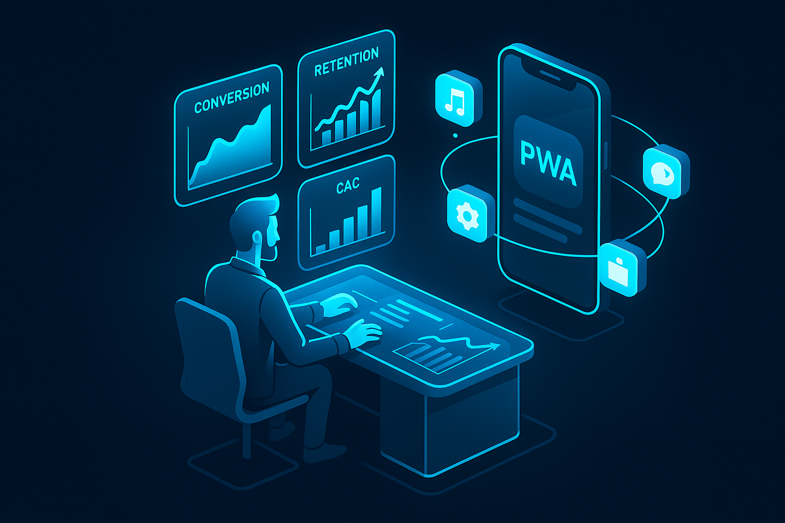 A detailed, futuristic 3D isometric description of a founder reviewing holographic growth metrics on a transparent desk, with charts for conversion, retention, and CAC highlighted in cyan #00D4FF, and miniature app store icons orbiting a PWA device mockup