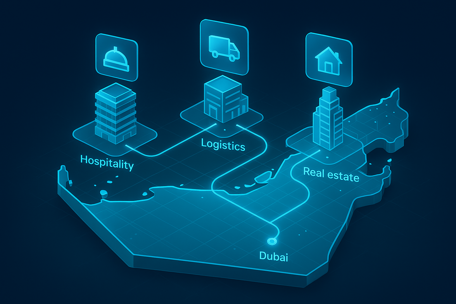 A detailed, futuristic 3D isometric description of a connected UAE map with glowing nodes in Dubai, Abu Dhabi, and Sharjah, PWA app icons floating above buildings, cyan routes linking sectors like hospitality, logistics, and real estate in a glassmorphism style
