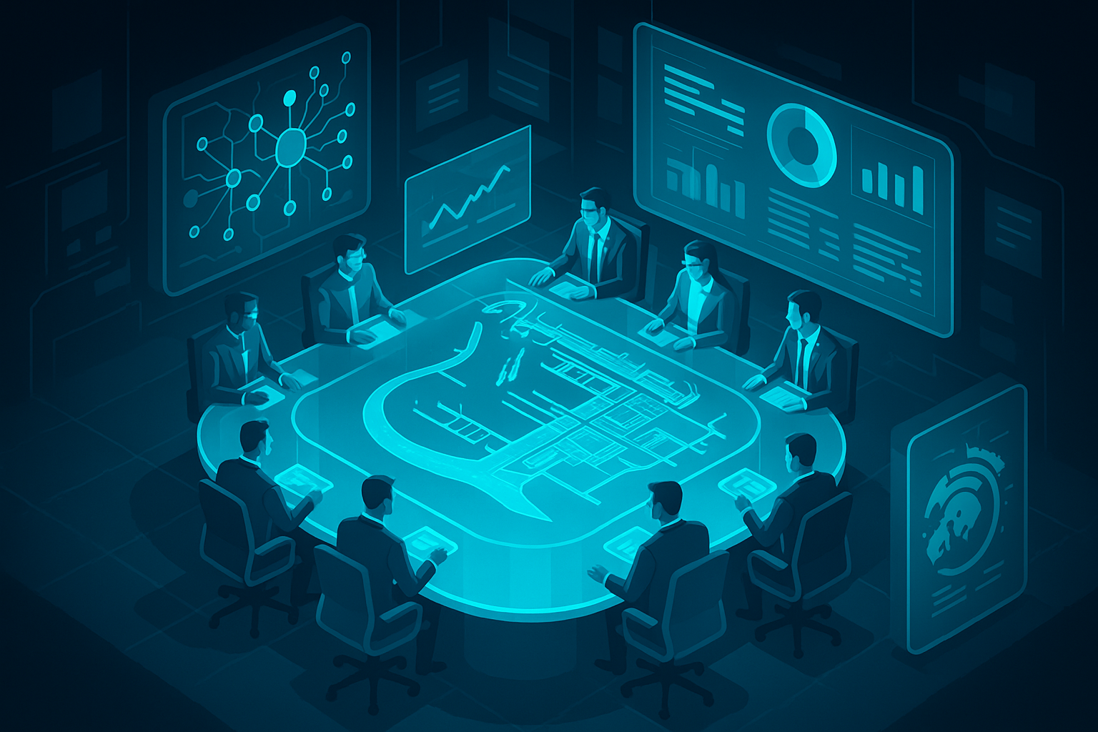 A detailed, futuristic 3D isometric description of a UAE boardroom with glassmorphism dashboards glowing in cyan #00D4FF, AI nodes optimizing supply chains, a holographic map of Dubai ports, and executives reviewing ROI metrics in real time